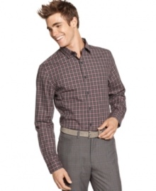 Break up the lineup of solid standards. This plaid shirt from Sons of Intrigue is fit for the modern man. Break up the lineup of solid standards. This plaid shirt from Sons of Intrigue is fit for the modern man.