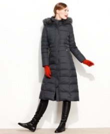 Long and luxuriously trimmed with faux fur, DKNY's puffer coat gives you insulation from the cold with maximum style!