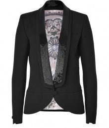 Intricately embellished with a shimmering black beaded collar, Emilio Puccis tuxedo jacket is an exquisite take on the menswear look - Bead-embellished shawl collar, long sleeves, buttoned slit cuffs, front button closure, printed lining - Tailored fit - Wear as a glamorous finish to jet black separates and streamlined leather accessories Intricately embellished with a shimmering black beaded collar, Emilio Puccis tuxedo jacket is an exquisite take on the menswear look - Bead-embellished shawl collar, long sleeves, buttoned slit cuffs, front button closure, printed lining - Tailored fit - Wear as a glamorous finish to jet black separates and streamlined leather accessories