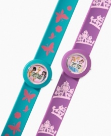 It's time for fun when she's wearing one of these brightly colored slap-on wristwatches with Disney Princesses and Fairies graphic! It's time for fun when she's wearing one of these brightly colored slap-on wristwatches with Disney Princesses and Fairies graphic!