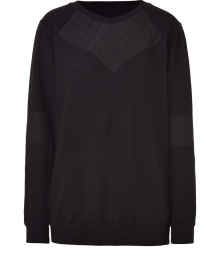 Sporty sweater in black, textured cotton is reminiscent of 1980s-style with a modern, sophisticated twist - Features decorative quilt-like contrasting inserts at the neckline and elbows - Long silhouette and nice length - Perfect choice for down time when worn with cropped jeans or boyfriend jeans and favorite flats, leather thongs, or edgy sneaks