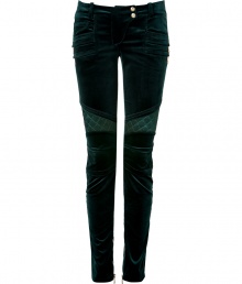 Rock n roll style goes ultra-luxe with these rich velvet skinnies from Balmain - Snap tab closure, belt loops, quilted panels at top, sides, knees, and back pockets, multiple side zip pockets, inside ankle zips - Skinny fit, biker-style - Wear with an oversized top, a cropped blazer, and platform heels