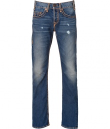 With Western-inspired details, these stylish distressed jeans from True Religion will amp up your casual basics - Classic five-pocket styling, fading details, decorative back pockets with logo detail, contrast stitching - Straight leg, slim fit - Pair with a tee and a blazer or a cashmere sweater