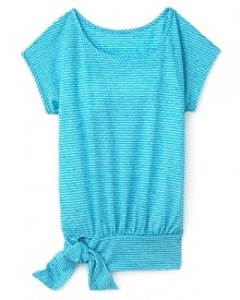 A wide banded hem with a tie at the side adds an 80's appeal to Aqua's cute striped top. A wide banded hem with a tie at the side adds an 80's appeal to Aqua's cute striped top.
