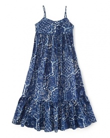 A bohemian-inspired batik print accents the empire-waist maxi dress for effortless summer style. A bohemian-inspired batik print accents the empire-waist maxi dress for effortless summer style.
