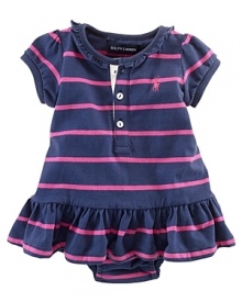 A bold striped cotton jersey dress is fashioned with a ruffled neckline and a pretty flared skirt. A bold striped cotton jersey dress is fashioned with a ruffled neckline and a pretty flared skirt.