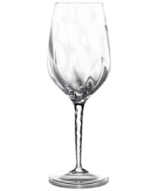 A subtle twist that begins at the rim and unravels at the base of the stem gives the Pleated Swirl goblet a look that's fresh, elegant and undeniably chic. From the head-turning Marchesa by Lenox glassware collection. A subtle twist that begins at the rim and unravels at the base of the stem gives the Pleated Swirl goblet a look that's fresh, elegant and undeniably chic. From the head-turning Marchesa by Lenox glassware collection.
