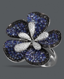 Breathe life into your look with a touch of spring. Effy Collection's stunning flower cocktail ring blends round-cut black diamonds (1-1/3 ct. t.w.), white diamond accents and sapphires (1-5/8 ct. t.w.). Set in 14k white gold. Breathe life into your look with a touch of spring. Effy Collection's stunning flower cocktail ring blends round-cut black diamonds (1-1/3 ct. t.w.), white diamond accents and sapphires (1-5/8 ct. t.w.). Set in 14k white gold.