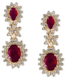 Bright and bold is the only way to describe EFFY Collection's stunning drop earrings. Crafted in 14k gold, earrings highlight oval-cut rubies (2-1/2 ct. t.w.) surrounded by a sunburst pattern of round-cut diamonds (9/10 ct. t.w.). Approximate drop: 1 inch. Approximate width: 1/3 inch.