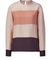 Artful eggshell, blush, and mink paneled silk top by Raoul - This sophisticated silk top makes a bold yet chic statement - Elegant high neck with color blocking and keyhole button closure at neckline - Style with slim jeans, platforms, and a blazer Artful eggshell, blush, and mink paneled silk top by Raoul - This sophisticated silk top makes a bold yet chic statement - Elegant high neck with color blocking and keyhole button closure at neckline - Style with slim jeans, platforms, and a blazer