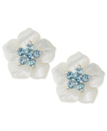 Say it with flowers. This pair of sterling silver earrings, with white mother of pearl (16 mm) and round-cut blue topaz (1 ct. t.w.), expresses elegance. Approximate diameter: 5/8 inch. Say it with flowers. This pair of sterling silver earrings, with white mother of pearl (16 mm) and round-cut blue topaz (1 ct. t.w.), expresses elegance. Approximate diameter: 5/8 inch.