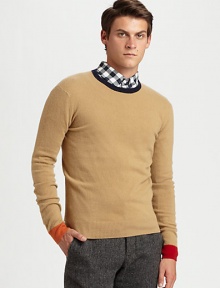 A classic crewneck sweater receives an extraordinary style upgrade with multicolored collar and cuff trim, shaped in lightweight, luxurious wool.CrewneckWoolDry cleanImported A classic crewneck sweater receives an extraordinary style upgrade with multicolored collar and cuff trim, shaped in lightweight, luxurious wool.CrewneckWoolDry cleanImported