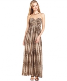A soft print and a sweeping silhouette are brightened by metallic dots on Calvin Klein's latest gown. A soft print and a sweeping silhouette are brightened by metallic dots on Calvin Klein's latest gown.