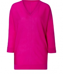 Paint bright color into your chic knitwear collection with DKNYs hot pink pullover - V-neckline, 3/4 sleeves, front and back seams, fine ribbed trim - Long, lean fit - Wear with favorite skinnies with sleek ankle boots Paint bright color into your chic knitwear collection with DKNYs hot pink pullover - V-neckline, 3/4 sleeves, front and back seams, fine ribbed trim - Long, lean fit - Wear with favorite skinnies with sleek ankle boots
