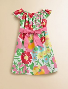 She'll be inspired to tiptoe through the tulips in this brilliant cotton shift with perky flowers, ants and flutter sleeves for fun in the sun.Shirred boatneckFlutter sleevesPullover styleElastic waist with removable sashCottonMachine washImported She'll be inspired to tiptoe through the tulips in this brilliant cotton shift with perky flowers, ants and flutter sleeves for fun in the sun.Shirred boatneckFlutter sleevesPullover styleElastic waist with removable sashCottonMachine washImported