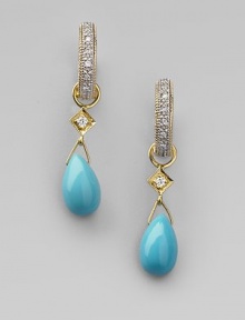 Smooth teardrops of richly hued turquoise with diamond accents are ready to hang from your favorite hoops. Diamonds, 0.03 tcw Turquoise 18k yellow gold Drop, about ¾ Spring ring clasp Imported Please note: Earrings sold separately. Smooth teardrops of richly hued turquoise with diamond accents are ready to hang from your favorite hoops. Diamonds, 0.03 tcw Turquoise 18k yellow gold Drop, about ¾ Spring ring clasp Imported Please note: Earrings sold separately.