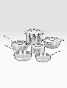 The perfect choice for home cooks features 10 essential pieces that turn everyday family meals into multi-course feasts. A three-layer design ensures optimal heat with a pure aluminum core surrounded by pure stainless steel. Heat Surround technology allows heat to be evenly distributed along the bottom and side walls of the cookware. Set includes: saucepan with cover, saut&233; pan with helper handle & cover, Dutch oven with cover, stockpot with cover and two French skillets. The perfect choice for home cooks features 10 essential pieces that turn everyday family meals into multi-course feasts. A three-layer design ensures optimal heat with a pure aluminum core surrounded by pure stainless steel. Heat Surround technology allows heat to be evenly distributed along the bottom and side walls of the cookware. Set includes: saucepan with cover, saut&233; pan with helper handle & cover, Dutch oven with cover, stockpot with cover and two French skillets.