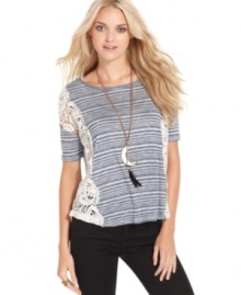 Lace insets adds sheer sweetness to this Free People striped top -- perfect for a cute, casual look!