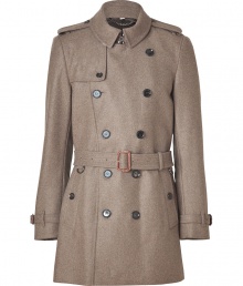 Invest in high style with this ultra-chic wool trench from Burberry London - Small spread collar, long sleeves with belted cuffs, epaulets, double-breasted, front button placket, belted waist - Fitted silhouette - Pair with slim trousers or jeans and a cashmere pullover