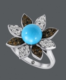 A springtime statement. Carlo Viani's fabulous flower ring highlights a round-cut turquoise center (3-1/3 mm) surrounded by round-cut white sapphire (1/2 ct. t.w.) and smokey quartz (3/8 ct. t.w.) covered petals. Crafted in 14k white gold. A springtime statement. Carlo Viani's fabulous flower ring highlights a round-cut turquoise center (3-1/3 mm) surrounded by round-cut white sapphire (1/2 ct. t.w.) and smokey quartz (3/8 ct. t.w.) covered petals. Crafted in 14k white gold.