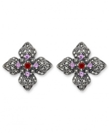 Sweet studs reminiscent of springtime. Crafted in sterling silver, Genevieve & Grace's four-petal earrings feature round-cut amethyst (1 ct. t.w.), garnet (1/5 ct. t.w.) and glittering marcasite in sterling silver. Earrings feature a clip-on backing for non-pierced ears. Approximate diameter: 1-1/8 inches. Sweet studs reminiscent of springtime. Crafted in sterling silver, Genevieve & Grace's four-petal earrings feature round-cut amethyst (1 ct. t.w.), garnet (1/5 ct. t.w.) and glittering marcasite in sterling silver. Earrings feature a clip-on backing for non-pierced ears. Approximate diameter: 1-1/8 inches.