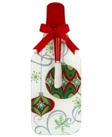 Serve up some Christmas spirit to friends and family this holiday season. This cheerful tray and knife from Ganz features festive ornaments in classic red and green colors for a very merry presentation. Serve up some Christmas spirit to friends and family this holiday season. This cheerful tray and knife from Ganz features festive ornaments in classic red and green colors for a very merry presentation.