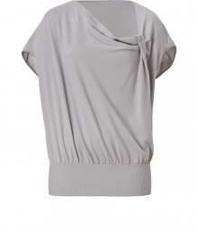 Embrace easy elegance with cult Italian knitwear label Malos beige-grey draped top - Sumptuously soft, densely woven cotton - Short sleeves and decorative knot detail at neckline - Wide, banded waist - Relaxed, boxy silhouette - Versatile and chic, seamlessly transitions from work to weekend - Pair with pencil skirts, dressy shorts or cigarette trousers and peep toe pumps or leather sandals