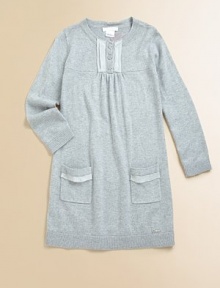Beyond soft, this knit dress features convenient front pockets, delicate silk trim and classic ribbed knit details.Round neckLong sleevesButton placketPatch pocketsLogo detail at hemHits at knee65% viscose/27% cotton/8% silkDry cleanImported Beyond soft, this knit dress features convenient front pockets, delicate silk trim and classic ribbed knit details.Round neckLong sleevesButton placketPatch pocketsLogo detail at hemHits at knee65% viscose/27% cotton/8% silkDry cleanImported