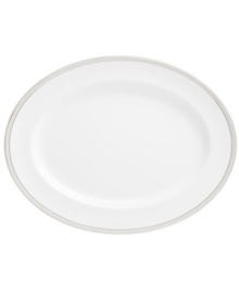 Timeless in white bone china, this Wedgwood oval platter is adorned with a band of flecked pewter and precious platinum trim. Pair with the pale blue florals of Patina Platinum dinnerware. Timeless in white bone china, this Wedgwood oval platter is adorned with a band of flecked pewter and precious platinum trim. Pair with the pale blue florals of Patina Platinum dinnerware.