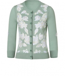 Channel old-fashioned elegance in this embroidered cardigan from LWren Scott - Round neck, front button placket, all-over front floral embroidery, three-quarter sleeves with embroidery, cropped silhouette - Wear with a ruffled blouse, a pencil skirt, and pumps