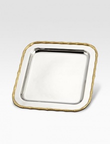 A contemporary piece with natural, organic detail in gleaming stainless steel with alloy metal feet and 24k goldplated bamboo detail. From the Evoca CollectionStainless steel with alloy metal and 24k goldplate10 X 10Hand washImported A contemporary piece with natural, organic detail in gleaming stainless steel with alloy metal feet and 24k goldplated bamboo detail. From the Evoca CollectionStainless steel with alloy metal and 24k goldplate10 X 10Hand washImported