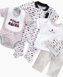 Mommy and her little boy will both be rock stars when he takes the stage in any one of these pieces from this Cutie Pie Baby six-piece set. Includes: 1 bib; 1 cap; 1 footed coverall; 1 short-sleeved tee; 1 pair of pants and 1 bodysuit. Mommy and her little boy will both be rock stars when he takes the stage in any one of these pieces from this Cutie Pie Baby six-piece set. Includes: 1 bib; 1 cap; 1 footed coverall; 1 short-sleeved tee; 1 pair of pants and 1 bodysuit.
