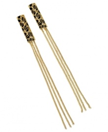 Drops of golden sun. These GUESS mixed metal earrings feature three gold-tone chains streaming from an alluring setting with leopard print epoxy and Colorado topaz stones. Approximate drop: 5 inches. Drops of golden sun. These GUESS mixed metal earrings feature three gold-tone chains streaming from an alluring setting with leopard print epoxy and Colorado topaz stones. Approximate drop: 5 inches.