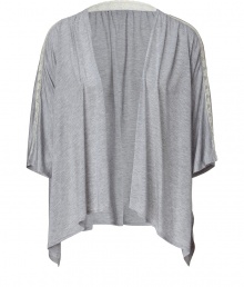 Grey modal cardigan adds a sophisticated touch to a causal look - Corner cut with an asymmetrical hem creates a cozy, draped effect with three-quarter length sleeves - Floral mesh insert - An everyday favorite, layer over a tee with skinny jeans and boots or ballet flats