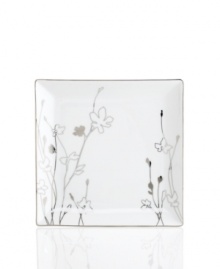 Wildflowers sparkle as they grow on the glazed white porcelain of Charter Club's Platinum Silhouette Square dinnerware. The dishes have a banded edge that adds a classic touch to square plates with modern spirit. Wildflowers sparkle as they grow on the glazed white porcelain of Charter Club's Platinum Silhouette Square dinnerware. The dishes have a banded edge that adds a classic touch to square plates with modern spirit.