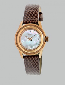 From the Orchestra Collection. A luxurious timepiece in warm rose goldtone ion-plated stainless steel with a dazzling Swarovski crystal markers. Quartz movementWater resistant to 10 ATMRound rose goldtone ion-plated stainless steelcase, 28mm (1.1) Multi-layer bezelMother-of-pearl dialFour Swarovski crystal markersBrown lizard strapImported From the Orchestra Collection. A luxurious timepiece in warm rose goldtone ion-plated stainless steel with a dazzling Swarovski crystal markers. Quartz movementWater resistant to 10 ATMRound rose goldtone ion-plated stainless steelcase, 28mm (1.1) Multi-layer bezelMother-of-pearl dialFour Swarovski crystal markersBrown lizard strapImported