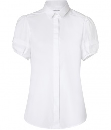 Finish your look on a timeless modern note with Burberry Londons crisp white pleated sleeve shirt - Classic collar, puffed and pleated short sleeves, button-down front, shirttail hemline - Tailored fit - Tuck into a pencil skirt with sleek heels for work