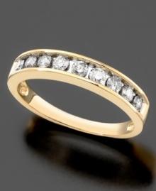 A simple diamond ring with eternal beauty. You'll love the channel setting on this ring featuring round-cut diamond (1/2 ct. t.w.) set in 14k gold. A simple diamond ring with eternal beauty. You'll love the channel setting on this ring featuring round-cut diamond (1/2 ct. t.w.) set in 14k gold.