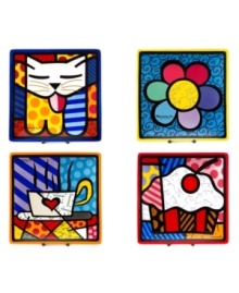 A work of art, these vividly hued, wildly patterned dessert plates showcase the one-of-a-kind style of world-renowned pop artist Romero Britto. Featuring four unique designs. A work of art, these vividly hued, wildly patterned dessert plates showcase the one-of-a-kind style of world-renowned pop artist Romero Britto. Featuring four unique designs.