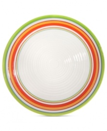 A brilliant line up. Calypso salad plates brighten every day with hand-painted bands of tropical color in easy-care earthenware. From Clay Art. A brilliant line up. Calypso salad plates brighten every day with hand-painted bands of tropical color in easy-care earthenware. From Clay Art.