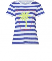 Add a stylish accent to your casual favorites with this quirky-cool tee from Juicy Couture - Round neck, short sleeves, all-over stripe print with logo palm tree graphic, boxy silhouette - Style with skinny jeans, denim cut-offs, or a mini-skirt