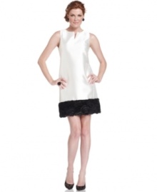 Tahari by ASL's latest dress goes completely classic with a shift silhouette and contrasting, rosette-trimmed hemline.