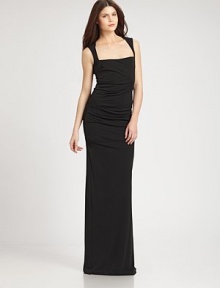 Sculptural and sleek, rendered in fluid jersey and accented with an intriguing cutout back.Square necklineSleevelessCutout back with covered button closureBack trainConcealed back zipAbout 55 from natural waist68% acetate/27% polyester/5% spandexDry cleanmade in USA of imported fabricModel shown is 5'10 (177cm) wearing US size 4. Sculptural and sleek, rendered in fluid jersey and accented with an intriguing cutout back.Square necklineSleevelessCutout back with covered button closureBack trainConcealed back zipAbout 55 from natural waist68% acetate/27% polyester/5% spandexDry cleanmade in USA of imported fabricModel shown is 5'10 (177cm) wearing US size 4.