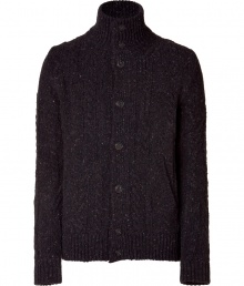 Luxurious cardigan in a brown heather wool blend - Slim silhouette, with cable and ribbed stitch details - Stand-up collar, button placket, long sleeves - High quality, the perfect warm alternative to a blazer - A favorite piece for many occasions from work to leisure - Pair with corduroys, jeans, khakis Luxurious cardigan in a brown heather wool blend - Slim silhouette, with cable and ribbed stitch details - Stand-up collar, button placket, long sleeves - High quality, the perfect warm alternative to a blazer - A favorite piece for many occasions from work to leisure - Pair with corduroys, jeans, khakis