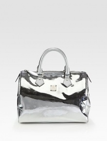 Logo-stamped metallic patent leather is constructed in a classic top-handle shape, with a center signature plaque. Double top handles, 5 dropTop zip closureProtective metal feetOne inside zip pocketLogo-printed lining12W X 8H X 6½DImported Logo-stamped metallic patent leather is constructed in a classic top-handle shape, with a center signature plaque. Double top handles, 5 dropTop zip closureProtective metal feetOne inside zip pocketLogo-printed lining12W X 8H X 6½DImported