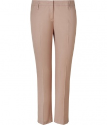 Elegant pant in fine, pale rose nylon and cotton stretch blend - Modern, narrow cut is slim through calves, crops at ankles - Crease detail extends from hip to hem, elongating and flattering the silhouette - Pockets at sides, welt pockets at rear - Lower rise with belt loops and tab closure - Polished and chic, ideal for both work and evenings out - Pair with a silk or sequin top, a jacket and platform pumps