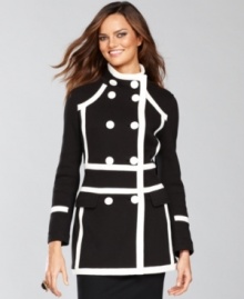 High contrast in black and white, INC's colorblocked topper completes your cold-weather look in style!