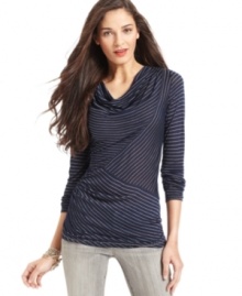 Studio M's cowlneck top looks sleek with asymmetrical striped details.