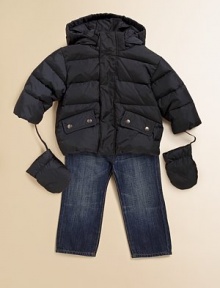 Wonderfully warm, in down-filled quilted nylon.Detachable hoodFront zipFlap snap pocketsAttached mittensPolyamideFill: goose downDry cleanImported Wonderfully warm, in down-filled quilted nylon.Detachable hoodFront zipFlap snap pocketsAttached mittensPolyamideFill: goose downDry cleanImported