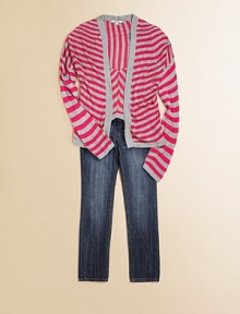 Brilliant, contrasting stripes brighten up an open-front cardigan for warmth and style.Waterfall frontLong sleevesPull-on styleRayonMachine washImported Brilliant, contrasting stripes brighten up an open-front cardigan for warmth and style.Waterfall frontLong sleevesPull-on styleRayonMachine washImported